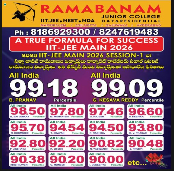 Ramabanam Junior College Shines at All India Level in IIT-JEE 2026